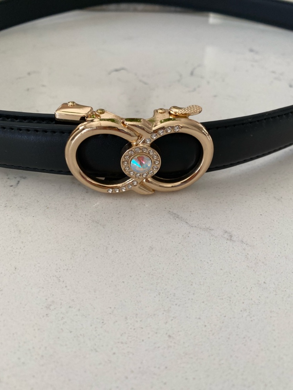 Black Leather Belt with Gold Crystal Buckle